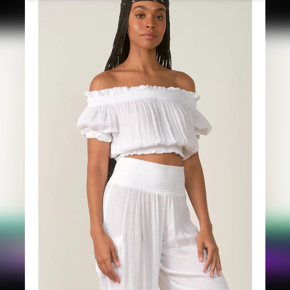 Elan Off Shoulder Ruffles White Cropped Top - Picture 6 of 6